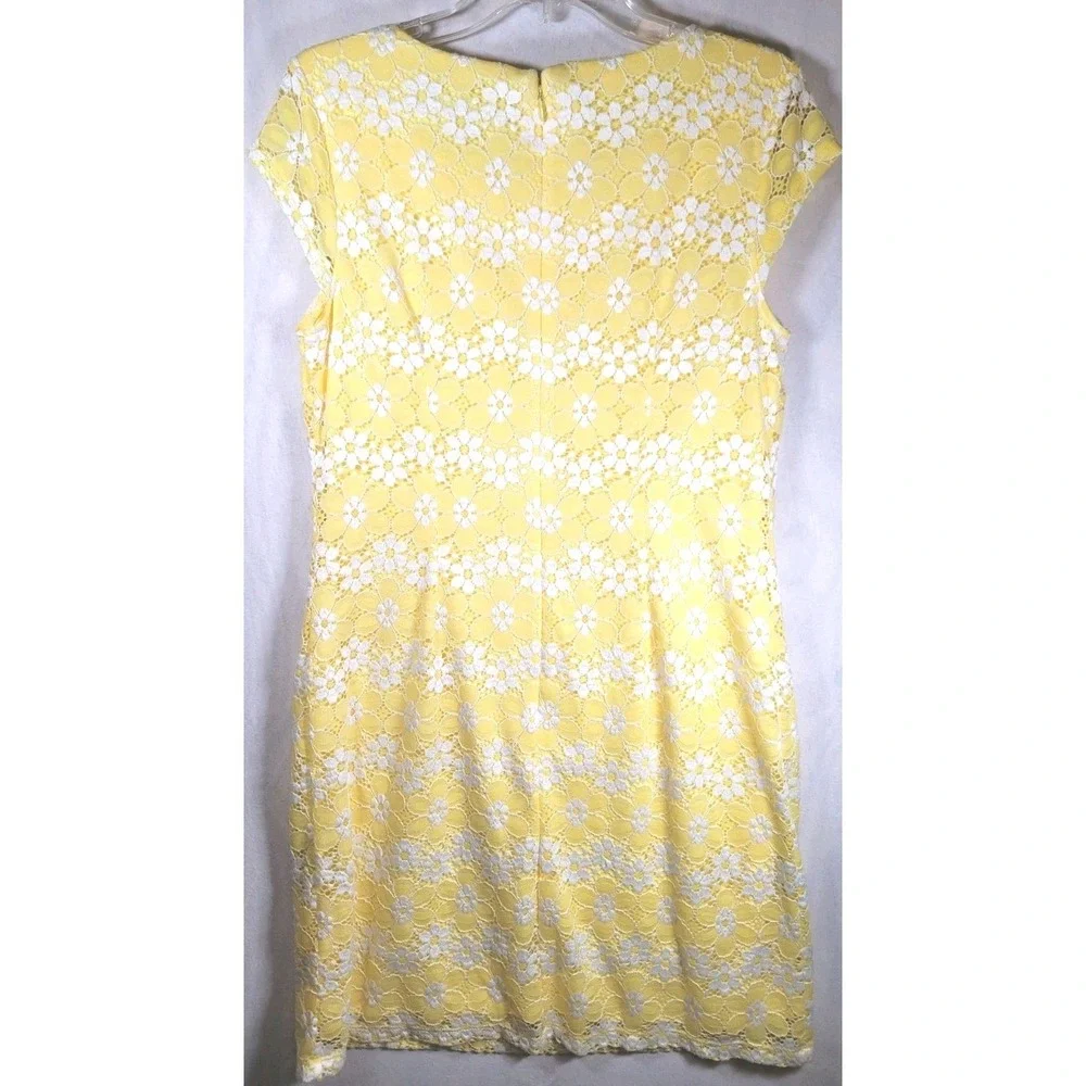 Madison Leigh Womens‎ 10 Classic Yellow Floral Lace Sheath Midi Cap Sleeve Dress
